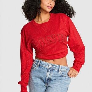 PINK Victoria's Secret Campus Cotton Long Sleeve Tee - in Red Woven Shine